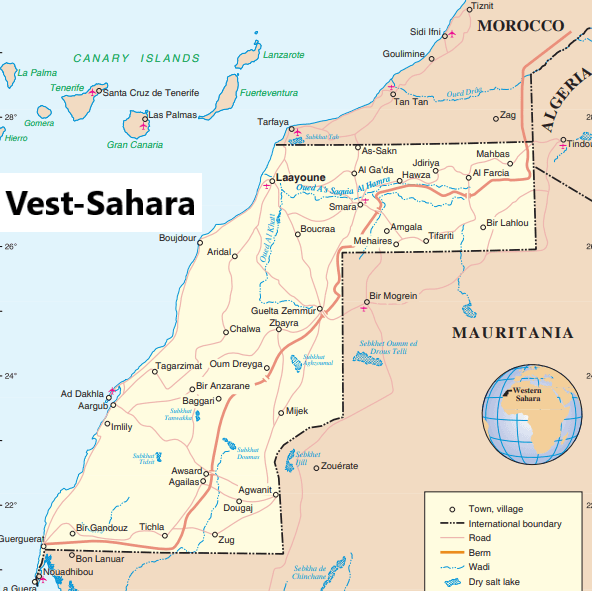 Kartet viser Vest-Sahara og dets naboland. Den røde streken som strekker seg fra Marokko i nord og gjennom Vest-Sahara til kysten i sør, er den 2700 km lange muren som Marokko har bygd, som i praksis deler Vest-Sahara i to. (Kilde: un.org)