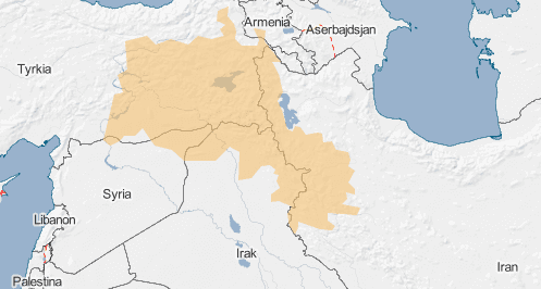 Det orange felt markerer området, hvor der bor mange kurdere - ofte kaldet Kurdistan. Kilde: Globalis